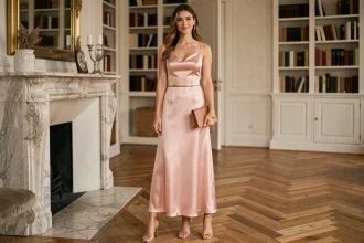 Femme en robe de soirée rose poudré accessoirisée avec ceinture dorée, escarpins et pochette nude dans un appartement parisien élégant