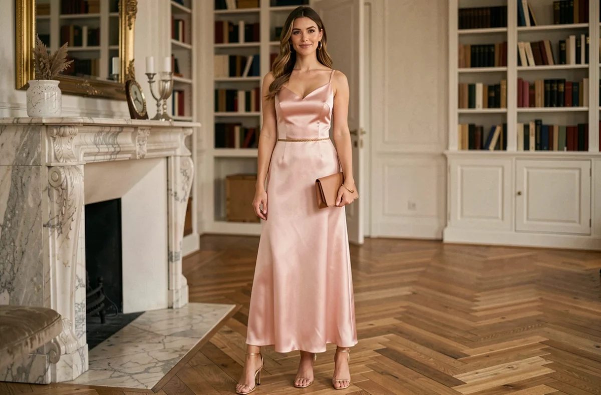 Femme en robe de soirée rose poudré accessoirisée avec ceinture dorée, escarpins et pochette nude dans un appartement parisien élégant