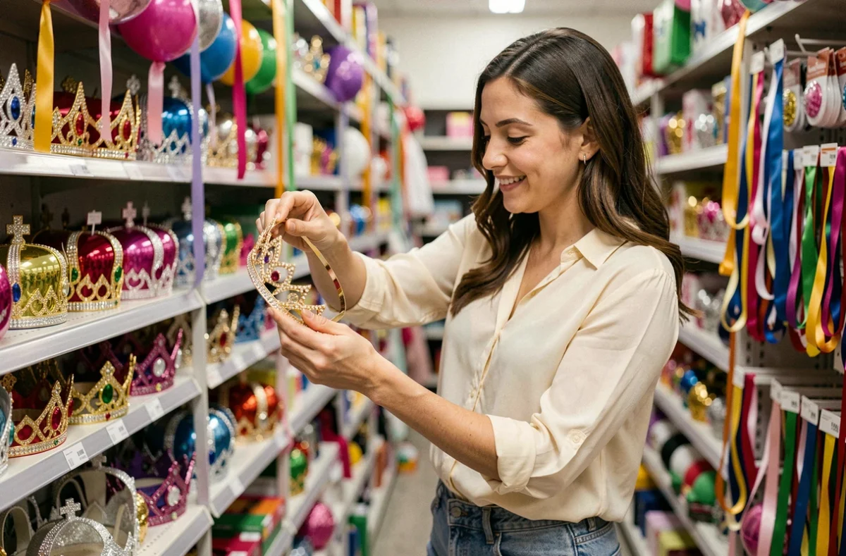 Femme choisissant une couronne de princesse dorée dans un magasin de fournitures de fête, examinant un diadème à strass