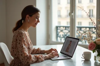 Femme portant une robe SINEQUANONE florale devant un ordinateur pour acheter en ligne