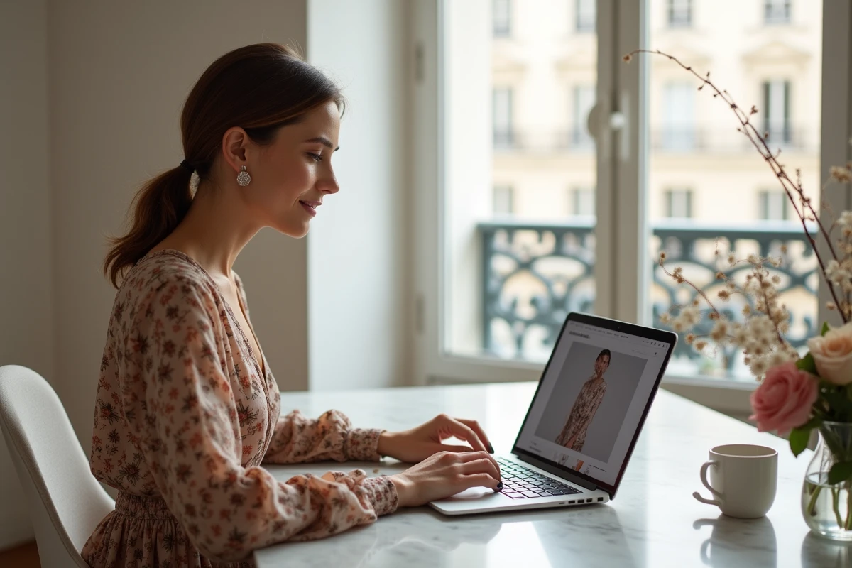 Femme portant une robe SINEQUANONE florale devant un ordinateur pour acheter en ligne