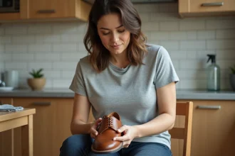 Femme qui étire une chaussure en cuir marron à la main dans une cuisine, méthode maison pour agrandir les chaussures