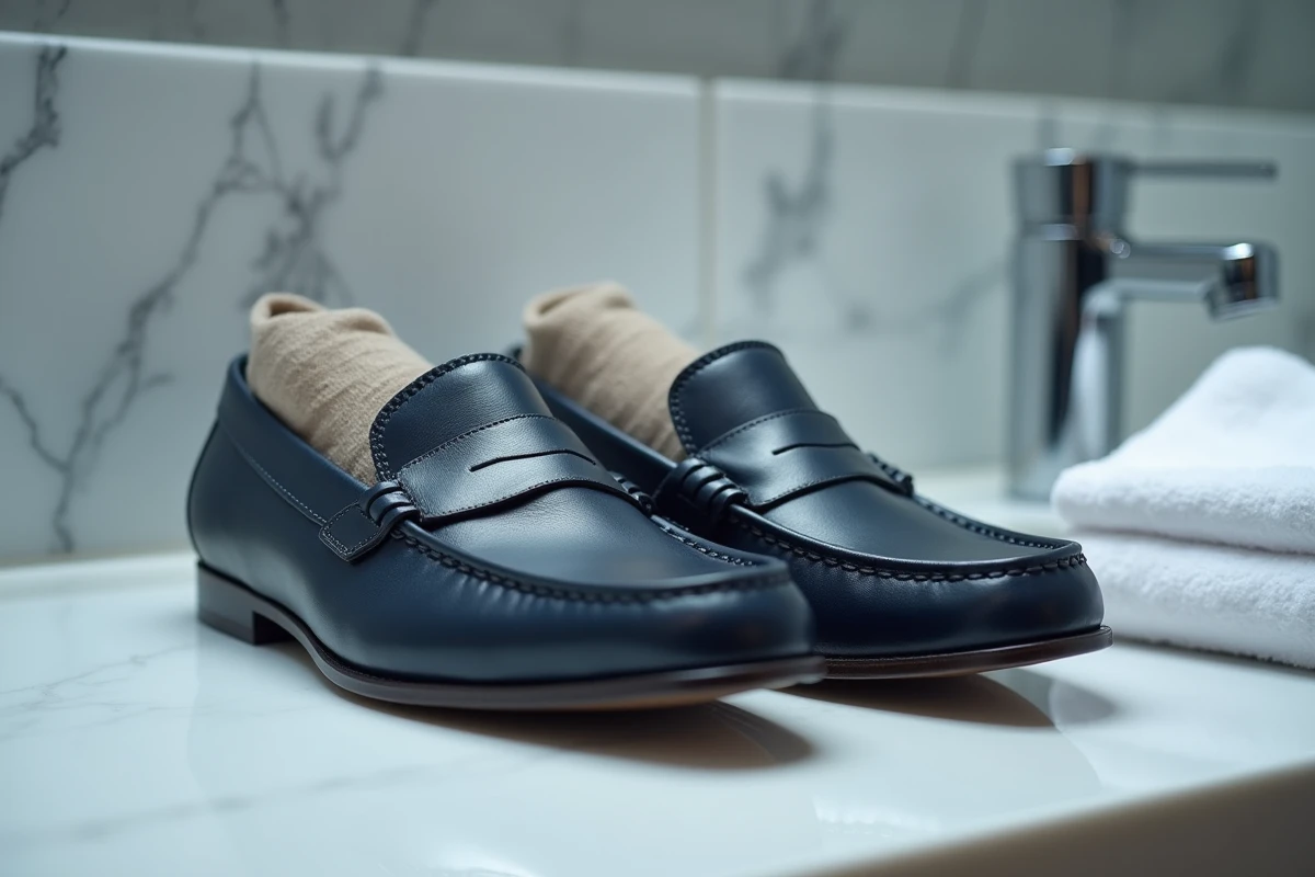 Chaussures en cuir remplies de sacs d'eau pour les agrandir par congélation, méthode maison sur un plan de salle de bain en marbre