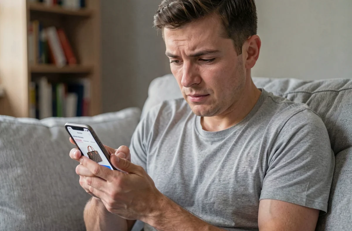 Homme scrutant une annonce suspecte de sac de luxe à prix anormalement bas sur une application de revente comme Vinted ou Leboncoin