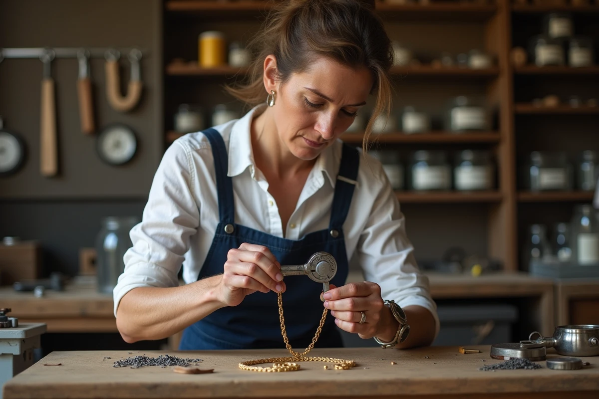 Artisane française examinant une chaîne en or plaqué 18 carats à la loupe dans un atelier de joaillerie traditionnel