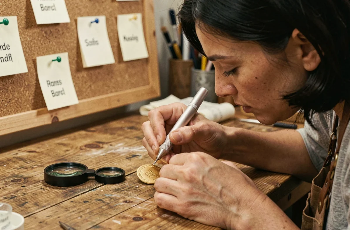 Artisane gravant un bola de grossesse personnalisé avec prénom dans un atelier de bijouterie artisanale