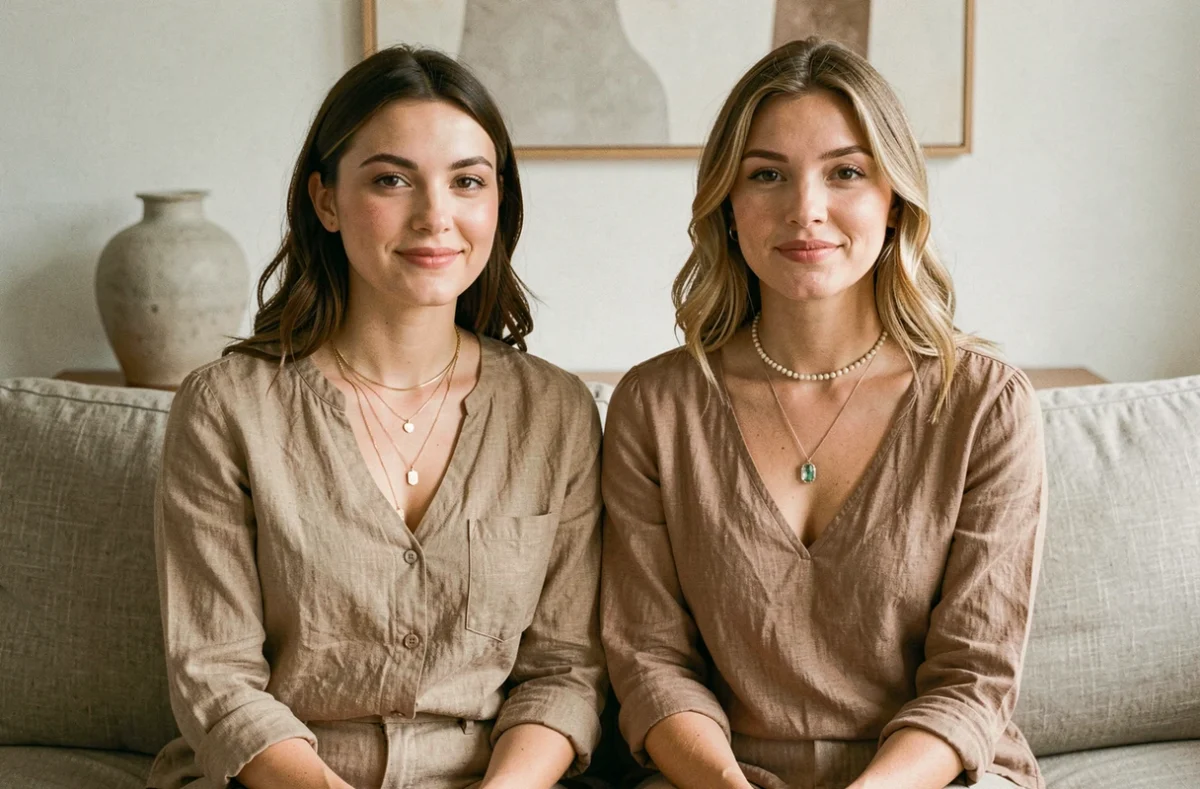 Deux femmes assises sur un canapé en lin présentant différentes façons d'associer un collier choker avec d'autres bijoux, style moderne et minimaliste