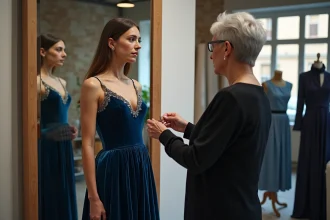 Femme élégante en robe bleue dans un atelier à Toulouse