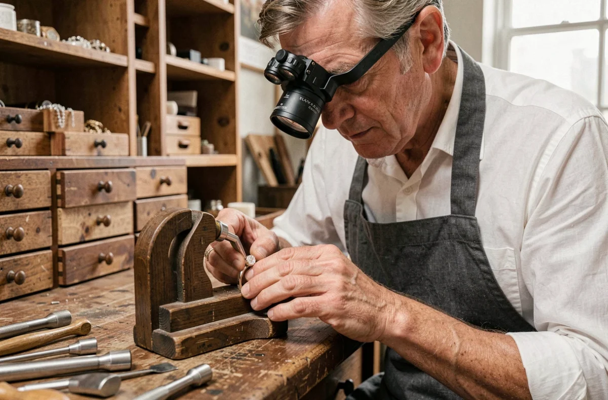 Bijoutier artisan gravant une chevalière en or blanc dans son atelier avec loupe et outils de gravure traditionnels