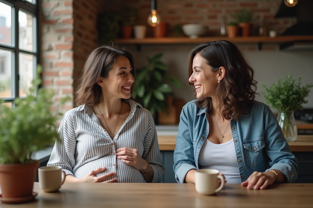 Deux amies autour d'une table en bois dans une cuisine chaleureuse, l'une enceinte portant un bola en or rose, partageant un moment complice pendant la maternité