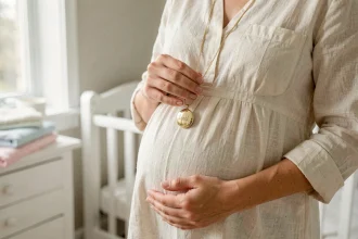 Femme enceinte tenant un bola de grossesse personnalisé avec initiales gravées sur un pendentif doré