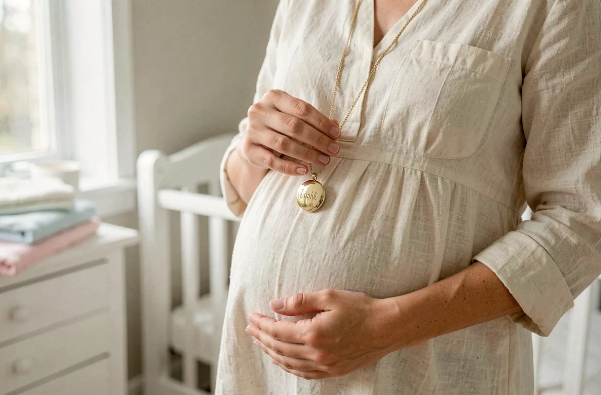 Femme enceinte tenant un bola de grossesse personnalisé avec initiales gravées sur un pendentif doré