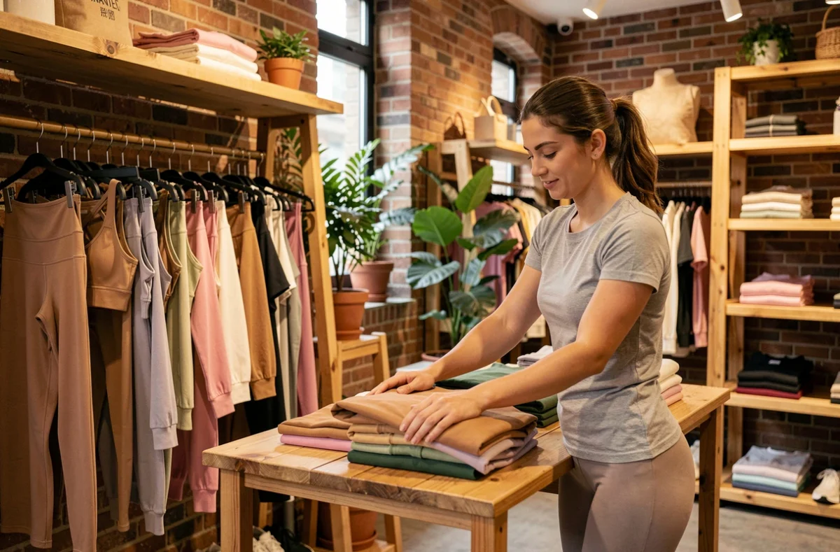 Boutique Bouncewear à Nantes avec une vendeuse arrangeant des vêtements de fitness premium sur des étagères en bois
