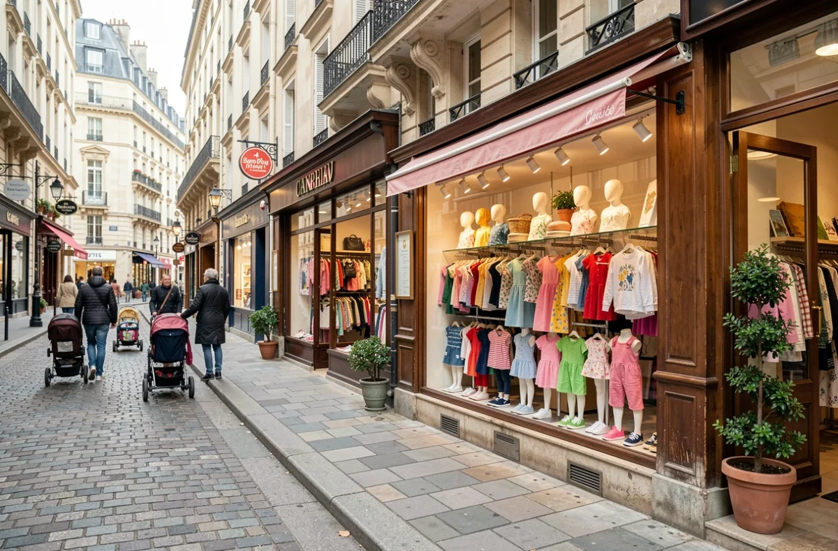 Rue commerçante des Hauts-de-Seine avec des boutiques de vêtements pour enfants et des vitrines colorées