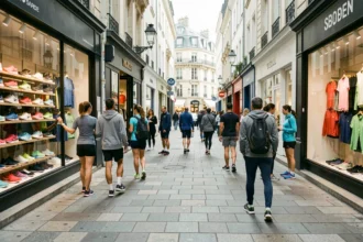Rue commerçante animée avec des boutiques de vêtements de sport dans une ville des Pays de la Loire