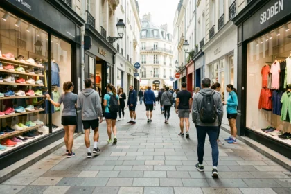 Rue commerçante animée avec des boutiques de vêtements de sport dans une ville des Pays de la Loire