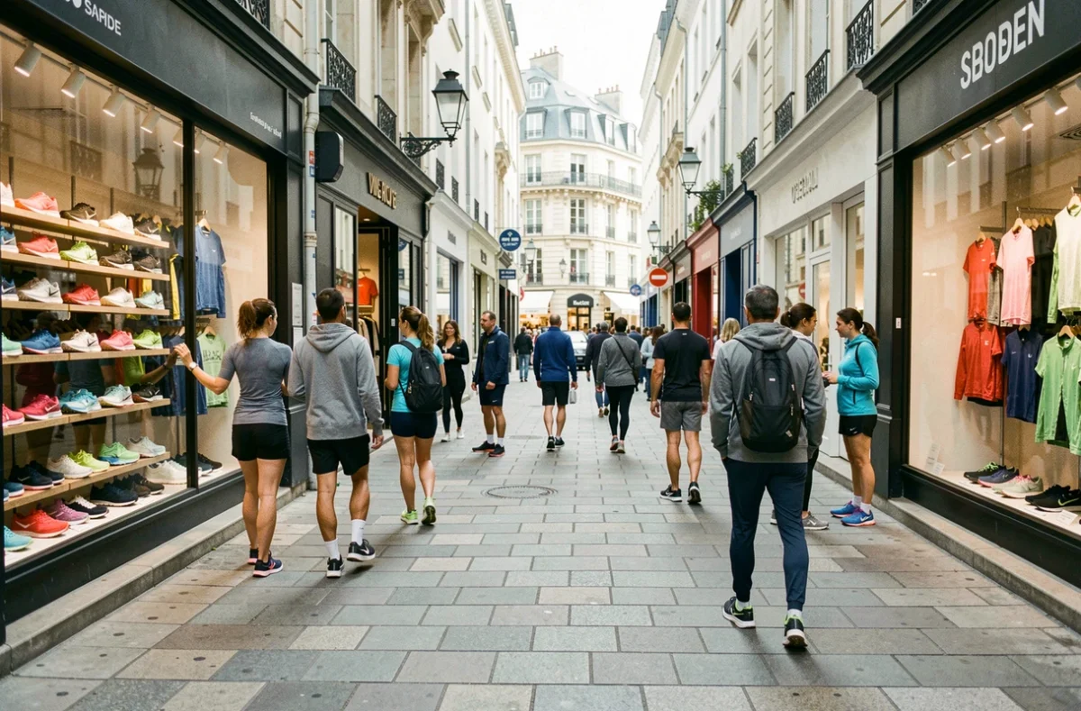 Rue commerçante animée avec des boutiques de vêtements de sport dans une ville des Pays de la Loire