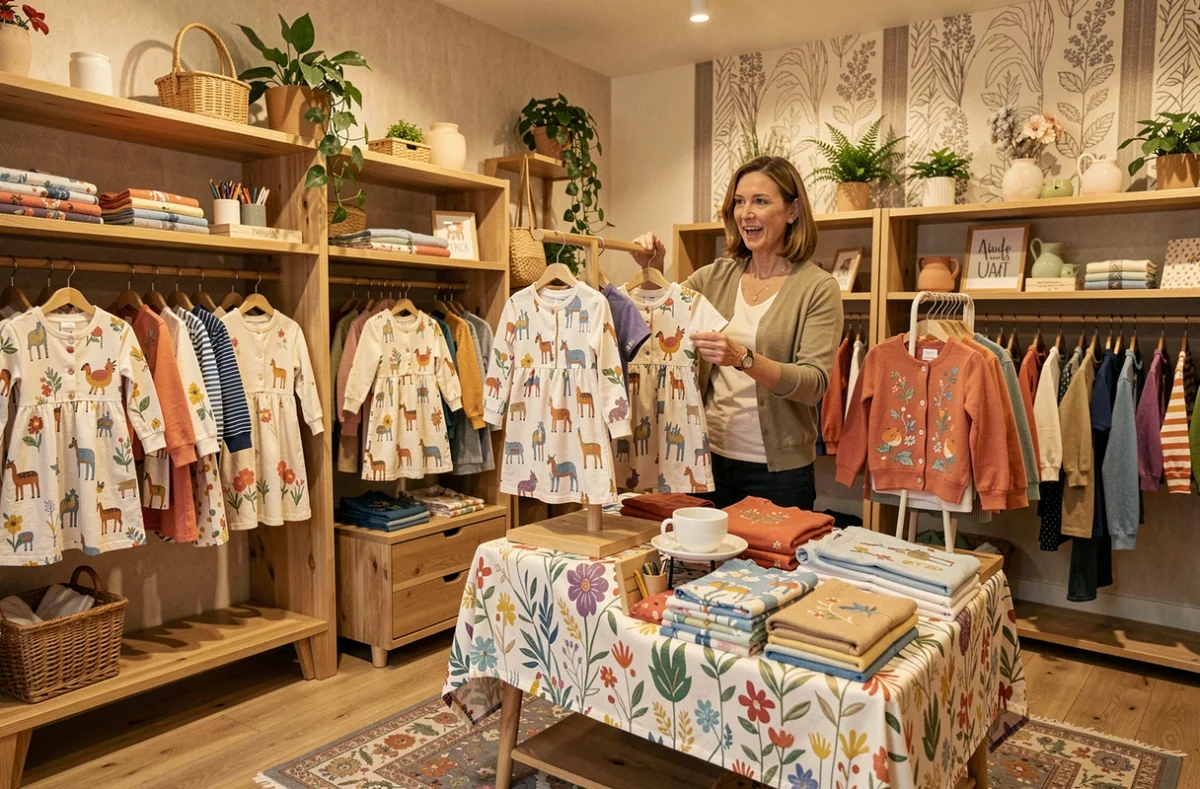 Intérieur créatif de la boutique Catimini à Rueil-Malmaison avec des vêtements enfants aux motifs originaux