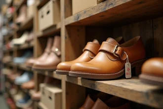 Chaussures de confort en cuir naturel en déstockage sur une étagère en bois dans une boutique de chaussures