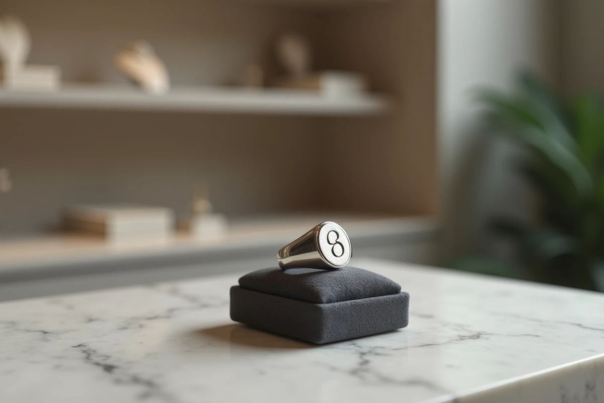 Chevalière homme en argent gravée d'un monogramme présentée sur coussin velours dans une boutique de bijouterie, bijou de famille élégant et durable