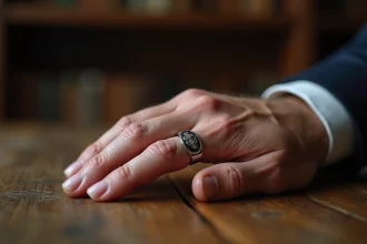 Chevalière homme en argent gravée portée sur l'auriculaire, posée sur une table en chêne ancien, bijou de famille transmis de génération en génération