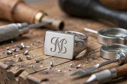 Chevalière en or blanc avec gravure monogramme posée sur un établi d'artisan bijoutier entouré d'outils de gravure