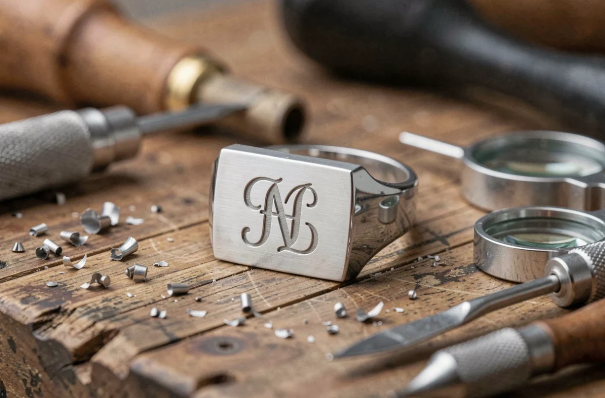 Chevalière en or blanc avec gravure monogramme posée sur un établi d'artisan bijoutier entouré d'outils de gravure