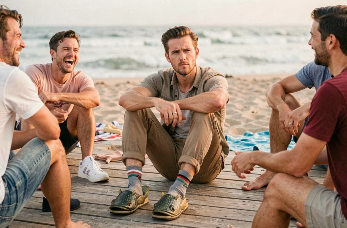 Homme assis sur une promenade en bois à la plage avec des chaussettes et des claquettes poisson, entouré d'amis qui rient