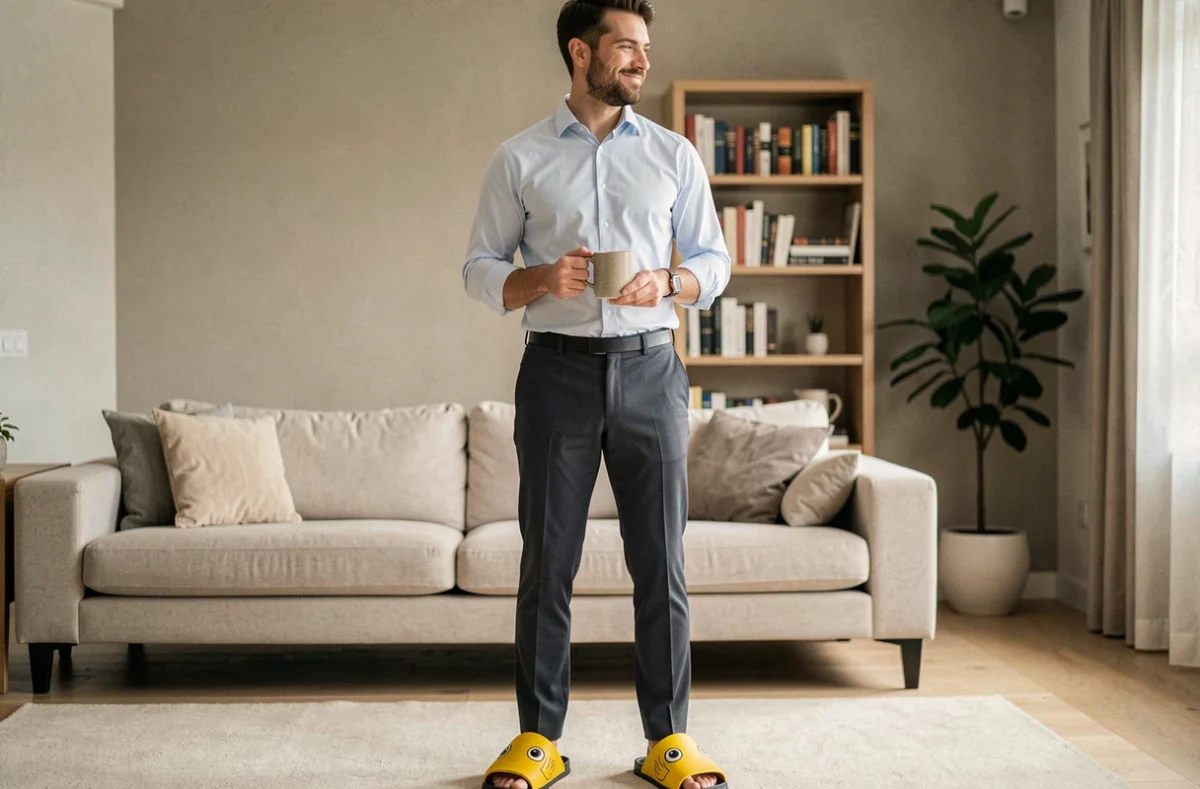 Homme en tenue professionnelle portant des claquettes en forme de poisson dans un salon moderne, contraste de style humoristique