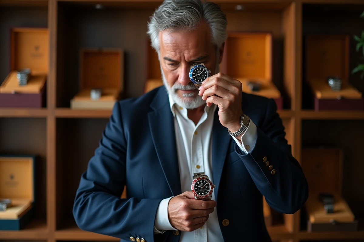 Collectionneur de montres examinant une Rolex Daytona vintage référence 6263 cadran Paul Newman dans un bureau privé