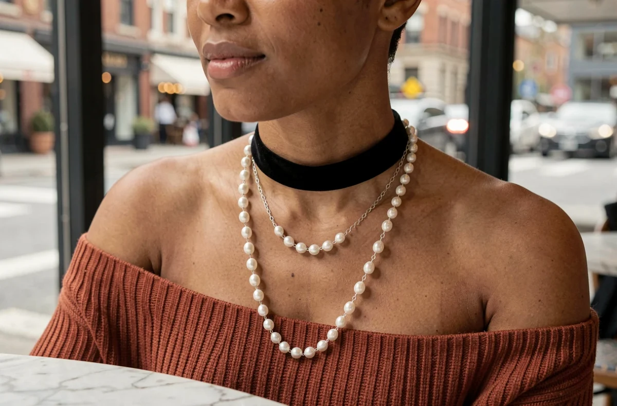Femme aux cheveux courts portant un choker en velours noir associé à un collier en argent et un rang de perles sur pull rouille, vue portrait rapproché