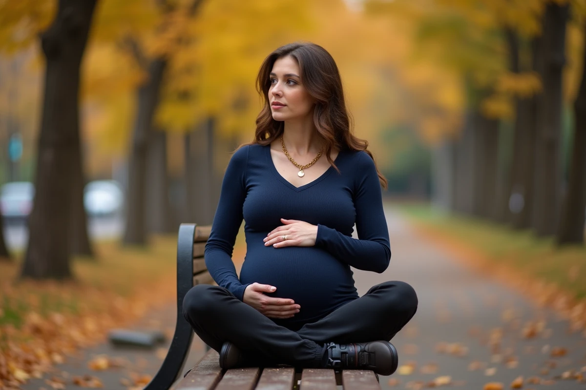 Future maman assise sur un banc en bois dans un parc en automne, portant un collier doré en or pendant sa grossesse, entourée de feuilles dorées