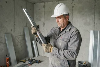 Ouvrier comparant un montant placo 48 et un montant 70 mm dans un chantier de construction intérieure