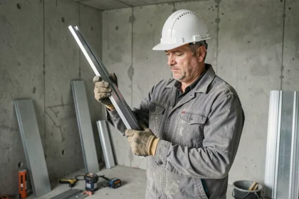 Ouvrier comparant un montant placo 48 et un montant 70 mm dans un chantier de construction intérieure