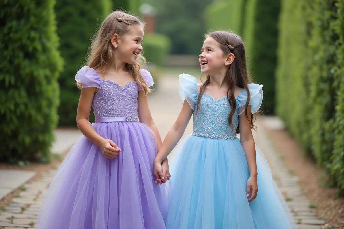 Deux fillettes en robes de princesse comparant les tailles dans un jardin, guide choix taille robe enfant