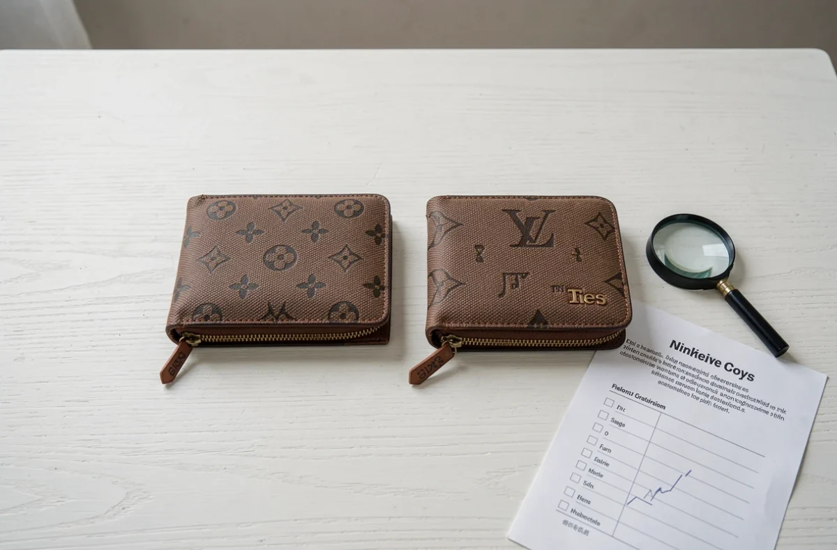 Comparaison côte à côte d'un vrai et d'un faux portefeuille Louis Vuitton, illustrant les différences de qualité visibles sur les sites de revente