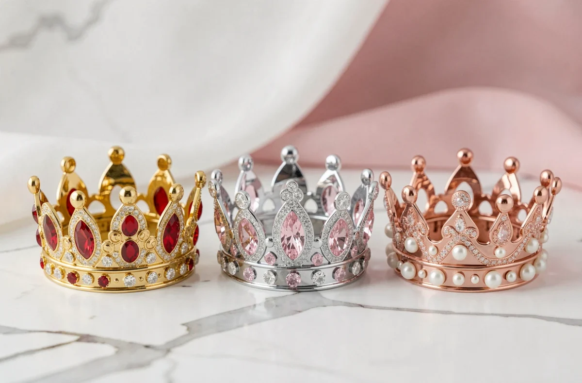 Trois couronnes de princesse pas chères alignées sur marbre blanc, or rose et argent avec cristaux et perles
