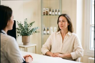 Femme consultant une dermatologue dans une clinique esthétique moderne pour des soins de la peau tendance