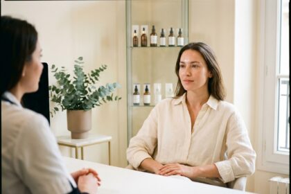 Femme consultant une dermatologue dans une clinique esthétique moderne pour des soins de la peau tendance