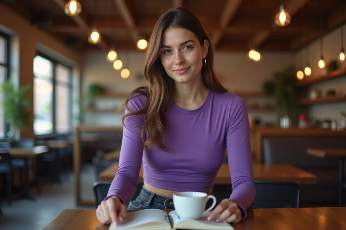 Femme en tenue violette inspirée de Totally Spies assise dans un café avec un carnet ouvert