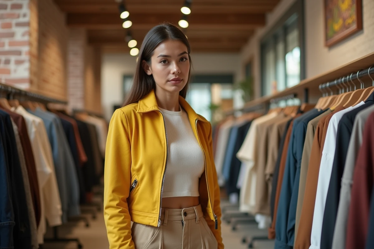 Jeune femme en veste jaune zippée style espionnes Totally Spies dans une boutique de mode