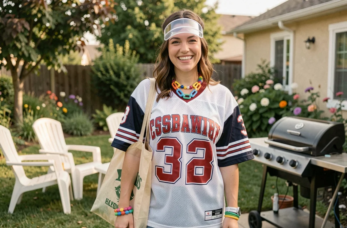 Femme déguisée en beauf portant un maillot de foot vintage et visière plastique dans un jardin lors d'une fête costumée