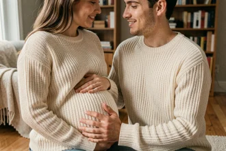 Couple portant des pulls assortis en maille crème annonçant une grossesse dans un salon cosy