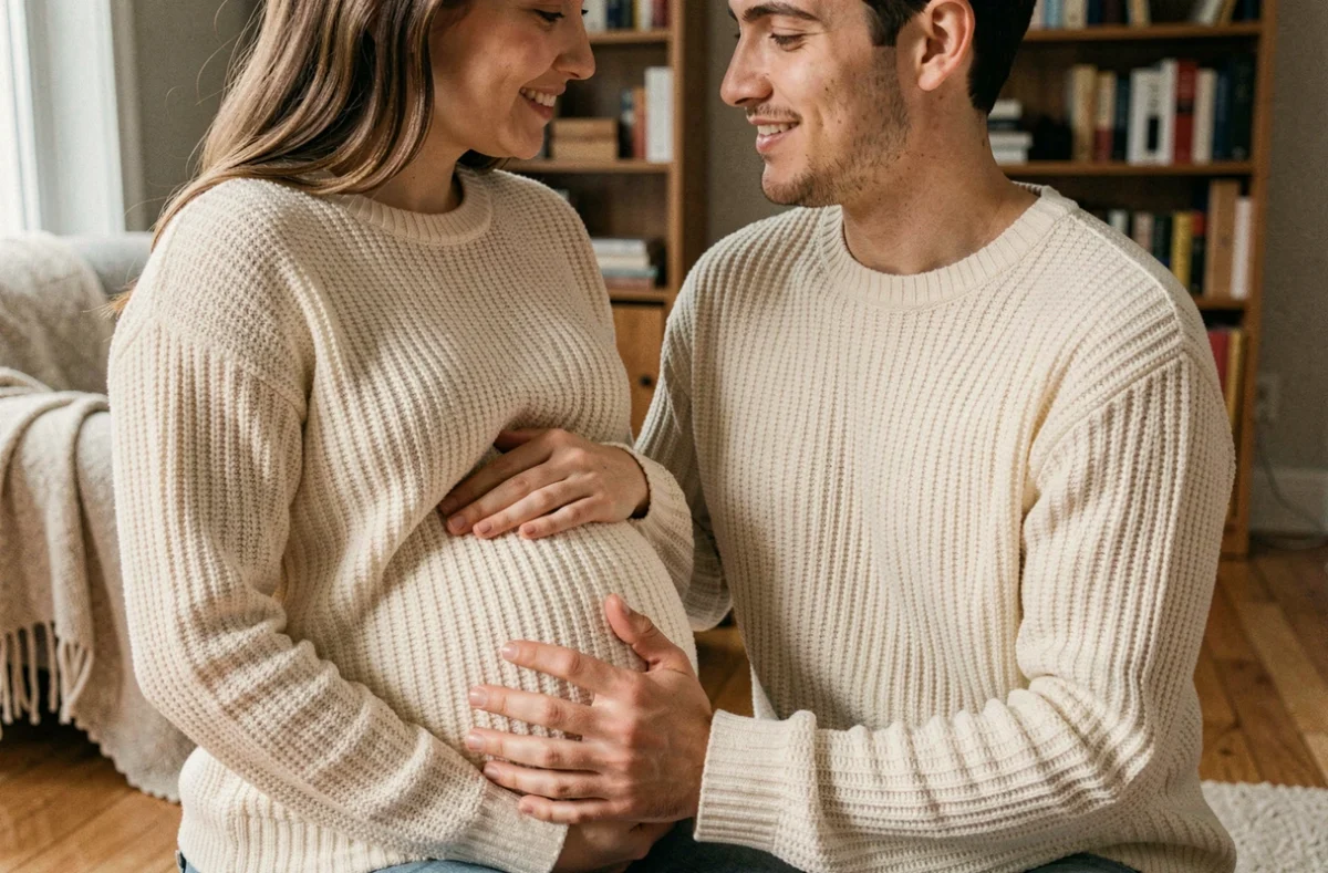 Couple portant des pulls assortis en maille crème annonçant une grossesse dans un salon cosy