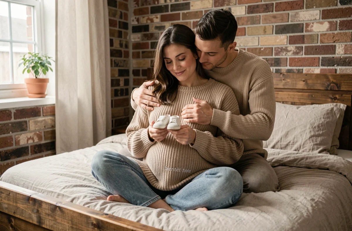Femme en pull tricoté tenant des chaussures de bébé entourée de son partenaire pour annoncer une grossesse