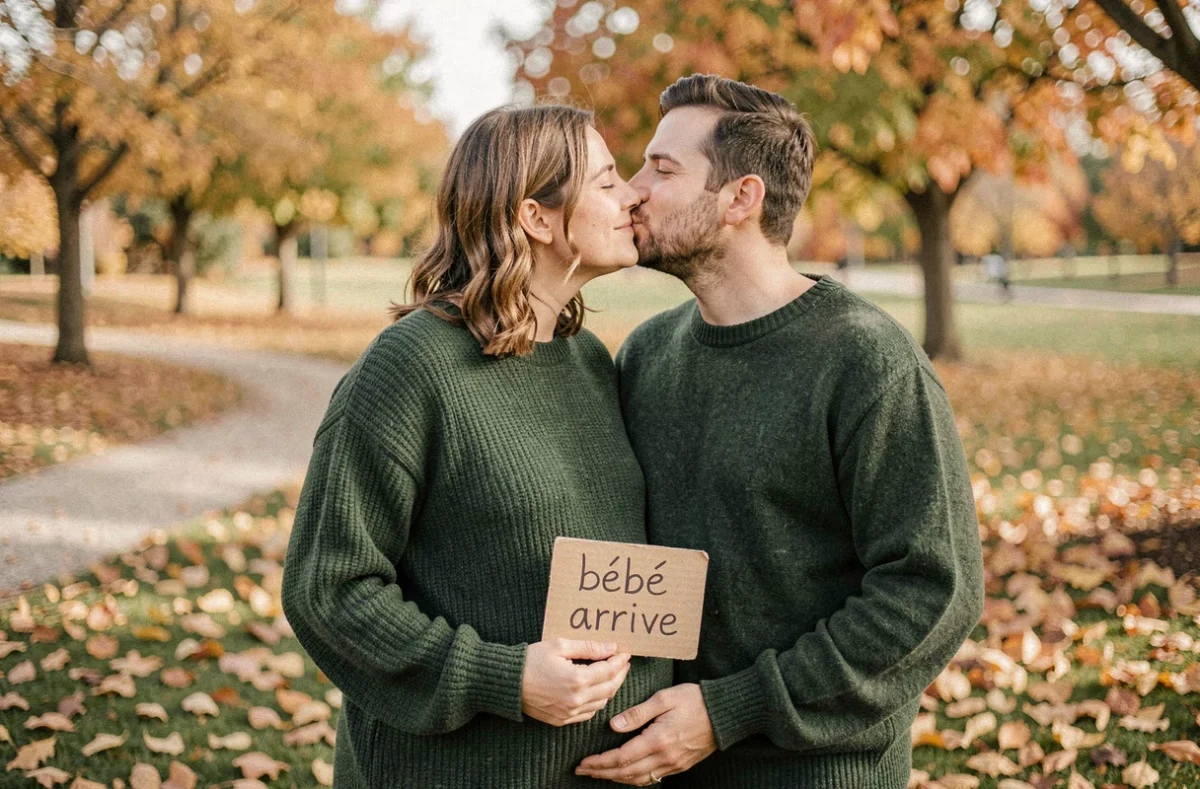 Couple en pulls verts coordonnés tenant une pancarte annonce grossesse dans un parc automnal