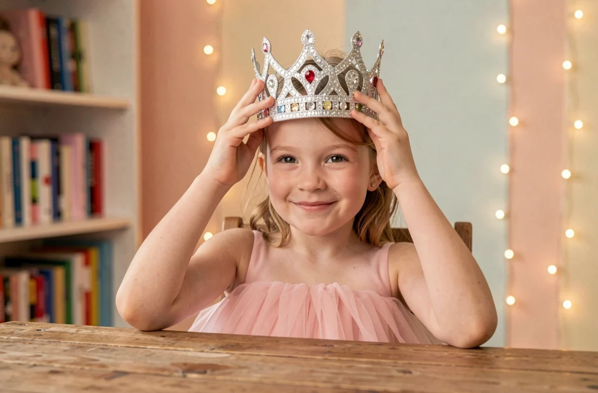 Jeune fille portant une couronne de princesse argentée scintillante dans une chambre décorée avec guirlandes lumineuses