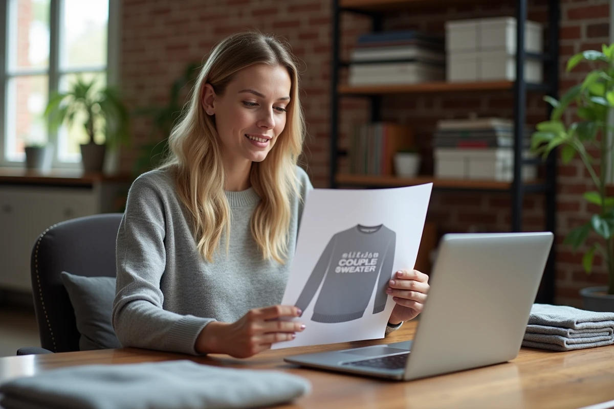 Femme consultant un modèle de pull couple personnalisé à son bureau à domicile
