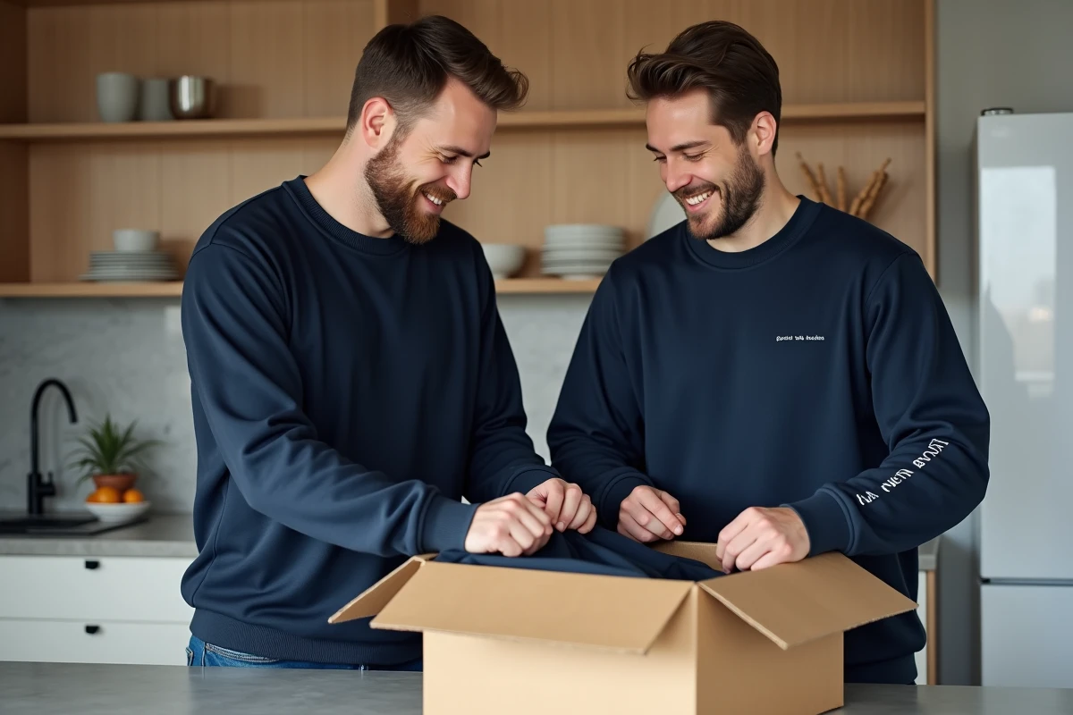 Deux hommes découvrant leurs pulls couple personnalisés dans un carton livré à domicile