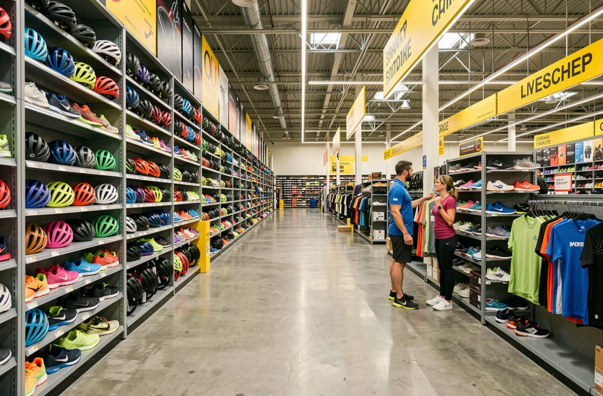 Intérieur du Decathlon de Saint-Herblain avec des rayons de chaussures de sport et un employé conseillant un client